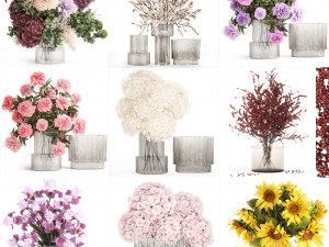 Collection of flower bouquets and vase set of 41 pieces 3D Модель