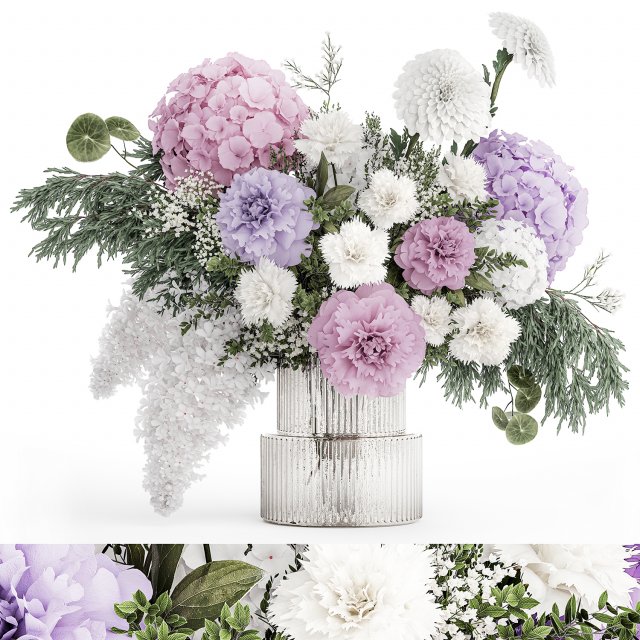 Realistic bouquet in a vase hydrangea lilac peony 382 3D 모델 .c4d .max .obj .3ds .fbx .stl .blend 