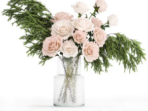 Klein boeket roze en witte bloemen roze glazen vaas 394 3D Model