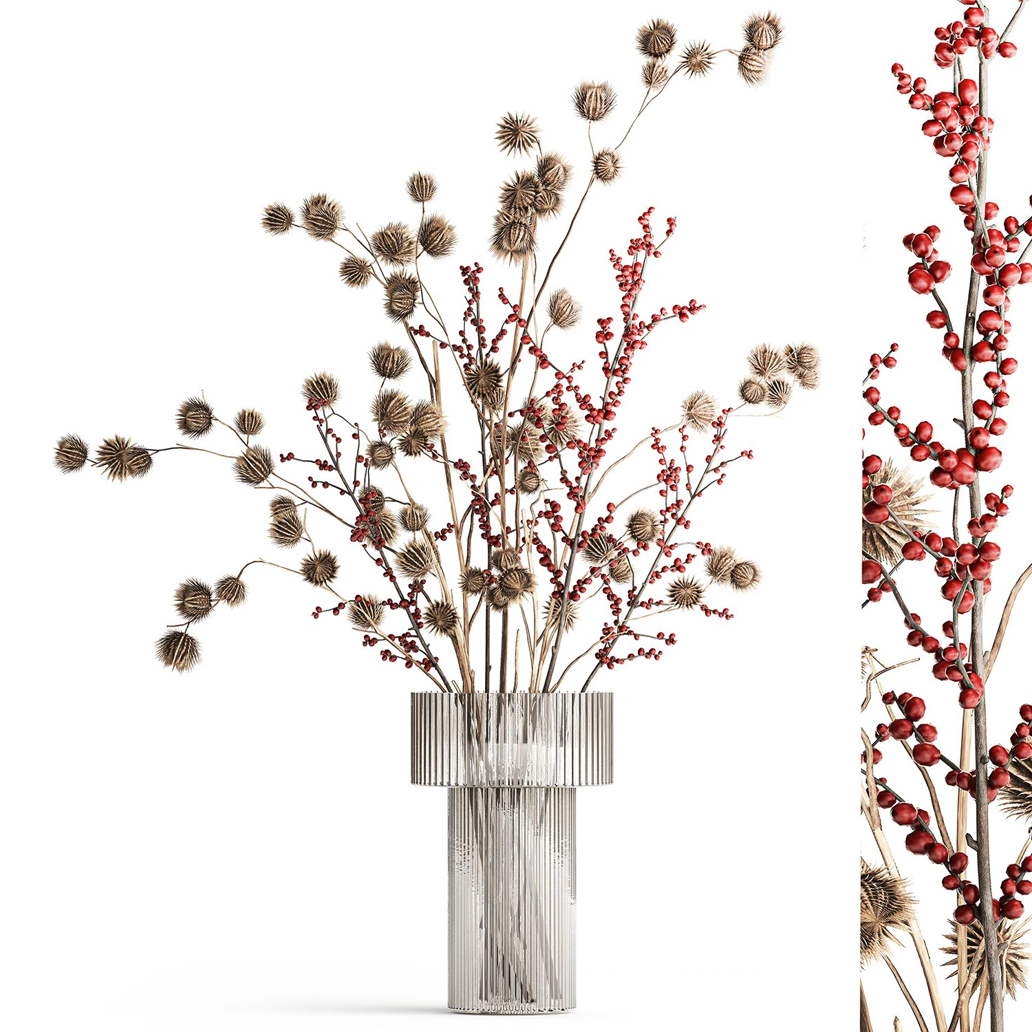 Buquê de flores secas com ramos de Thistle Ilex em vaso 401 Modelo 3D .c4d .max .obj .3ds .fbx .stl .blend