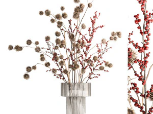 Mazzo di fiori secchi con rami di Cardo Leccio in vaso 401 Modello 3D