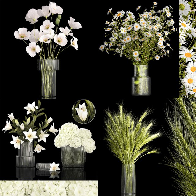 Set of bouquets hydrangea poppy chamomile wheat 423 3D Модель .c4d .max .obj .3ds .fbx .stl .blend 