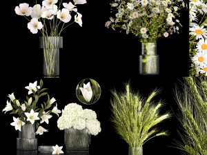 Set of bouquets hydrangea poppy chamomile wheat 423 3D Model