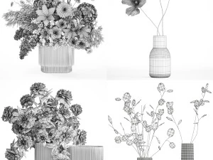 Set of bouquets of flowers Hydrangea Peonies Lilac poppy 427 3D Model