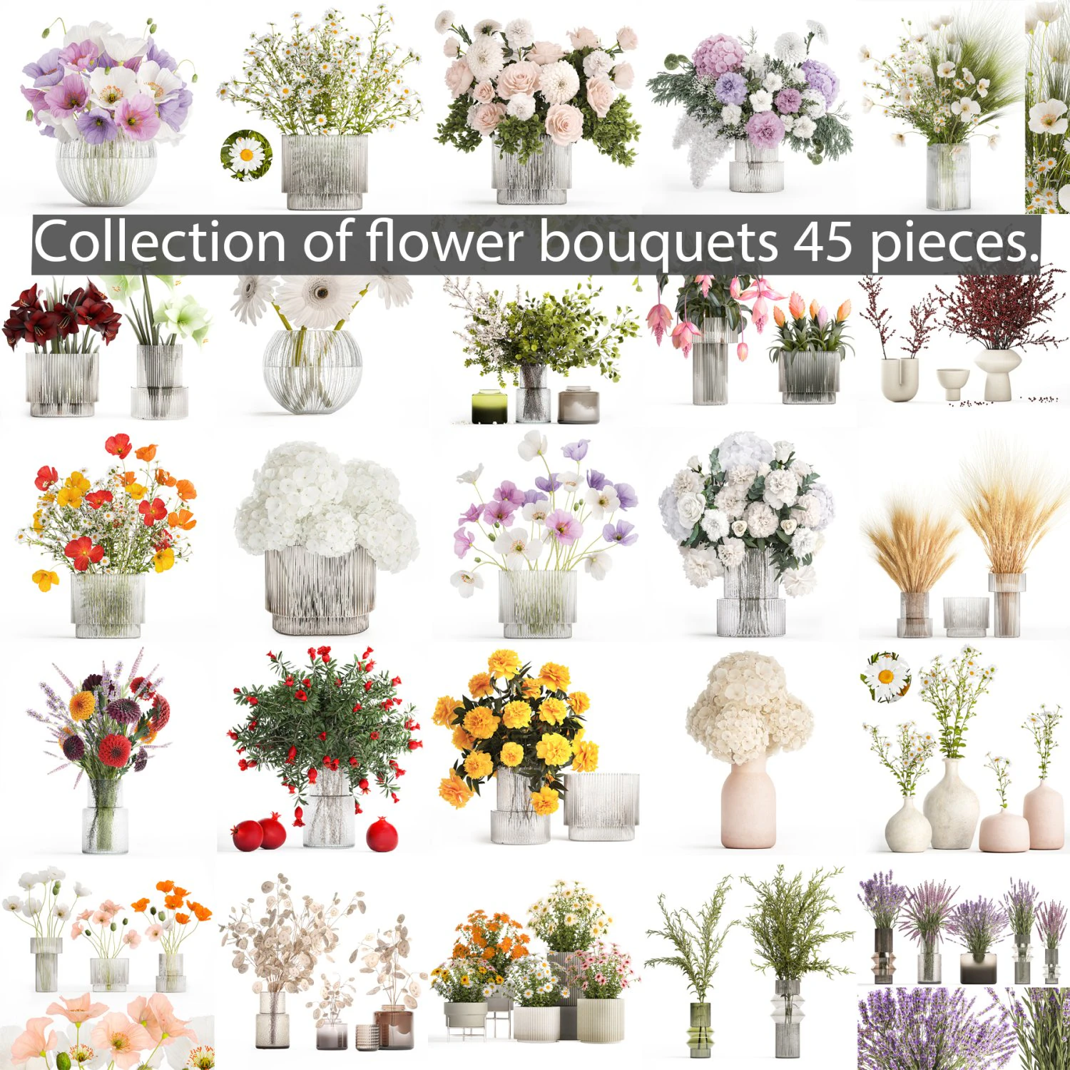 花の花束と花瓶のコレクション 45 個セット 3Dモデル .c4d .max .obj .3ds .fbx .stl .blend 
