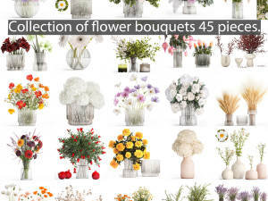 Collection of flower bouquets and vase set of 45 pieces 3D Model