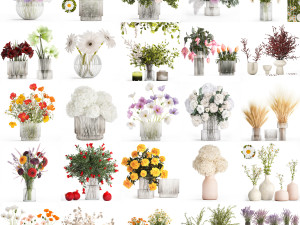 Collection of flower bouquets and vase set of 45 pieces 3D Model