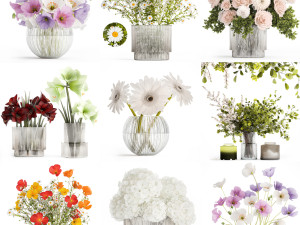Collection of flower bouquets and vase set of 45 pieces 3D Model