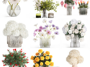 Collection of flower bouquets and vase set of 45 pieces 3D Model