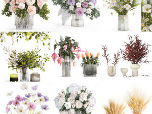 Collection of flower bouquets and vase set of 45 pieces 3D Model