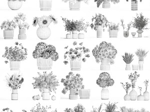 Collection of flower bouquets and vase set of 45 pieces 3D Model