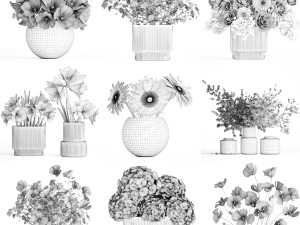 Collection of flower bouquets and vase set of 45 pieces 3D Model