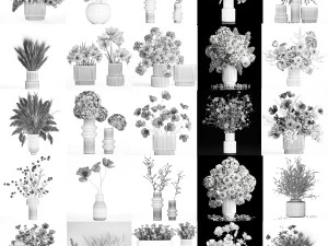 Collection of flower bouquets and vase set of 36 pieces 3D Model