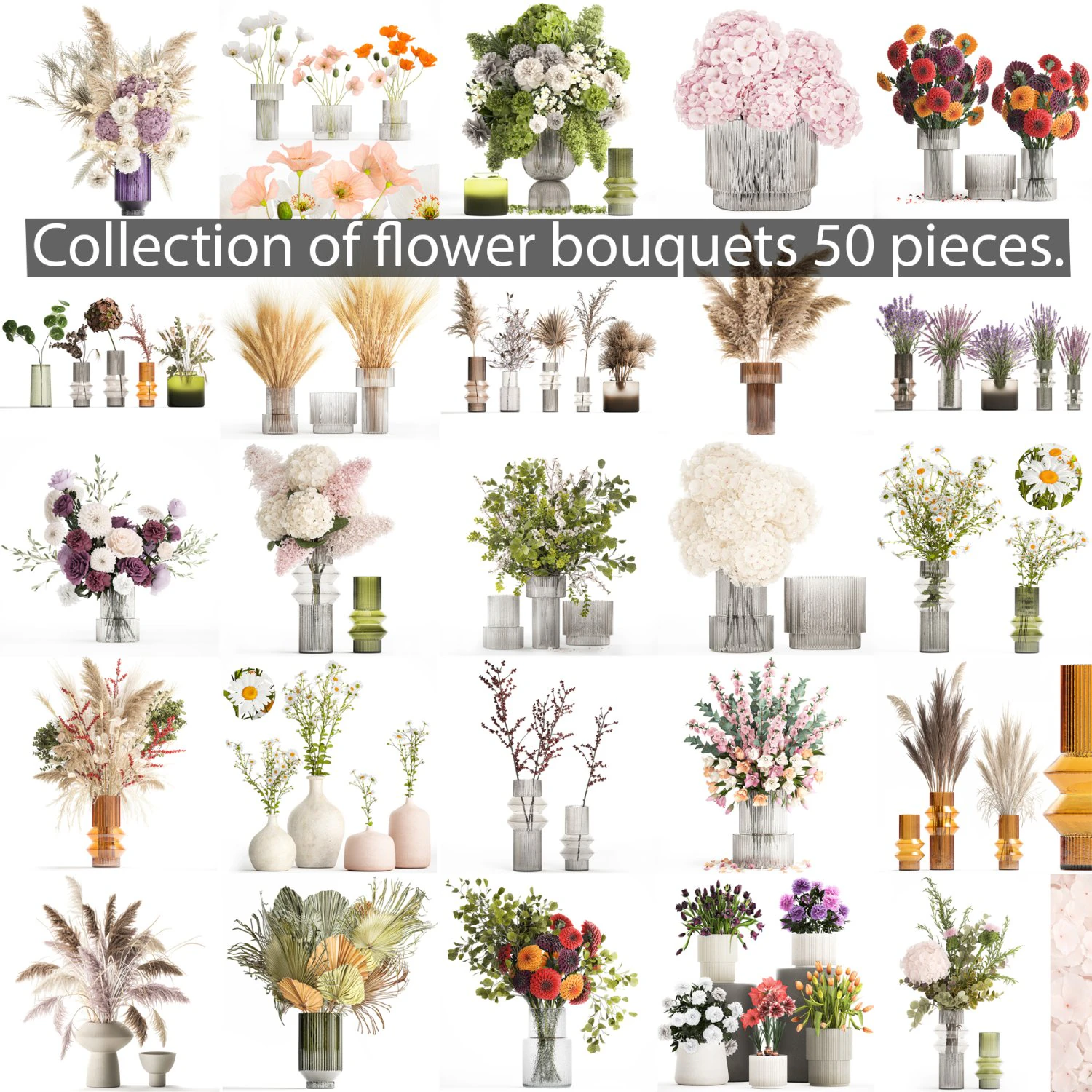 꽃다발 컬렉션 및 꽃병 50개 세트 3D 모델 .c4d .max .obj .3ds .fbx .stl .blend