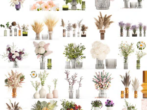 꽃다발 컬렉션 및 꽃병 50개 세트 3D 모델