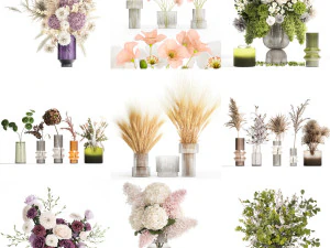 꽃다발 컬렉션 및 꽃병 50개 세트 3D 모델