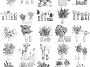 꽃다발 컬렉션 및 꽃병 50개 세트 3D 모델