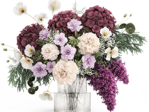 Bouquet of hydrangea lilac poppy peony in a vase 437 3D Model