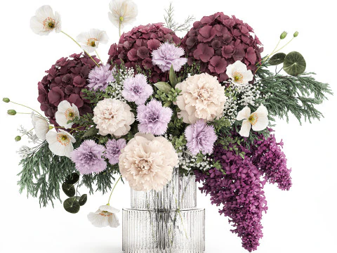 花瓶に入ったアジサイ、ライラック、ケシ、牡丹の花束 437 3Dモデル