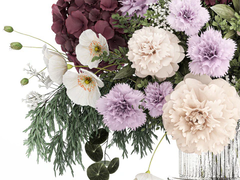 Bouquet of hydrangea lilac poppy peony in a vase 437 3D Model