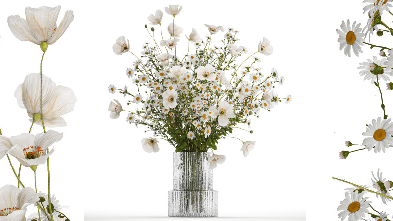 Bouquet Of White Wild Flowers Poppy Chamomile 3D Model .c4d .max .obj .3ds .fbx .stl .blend 