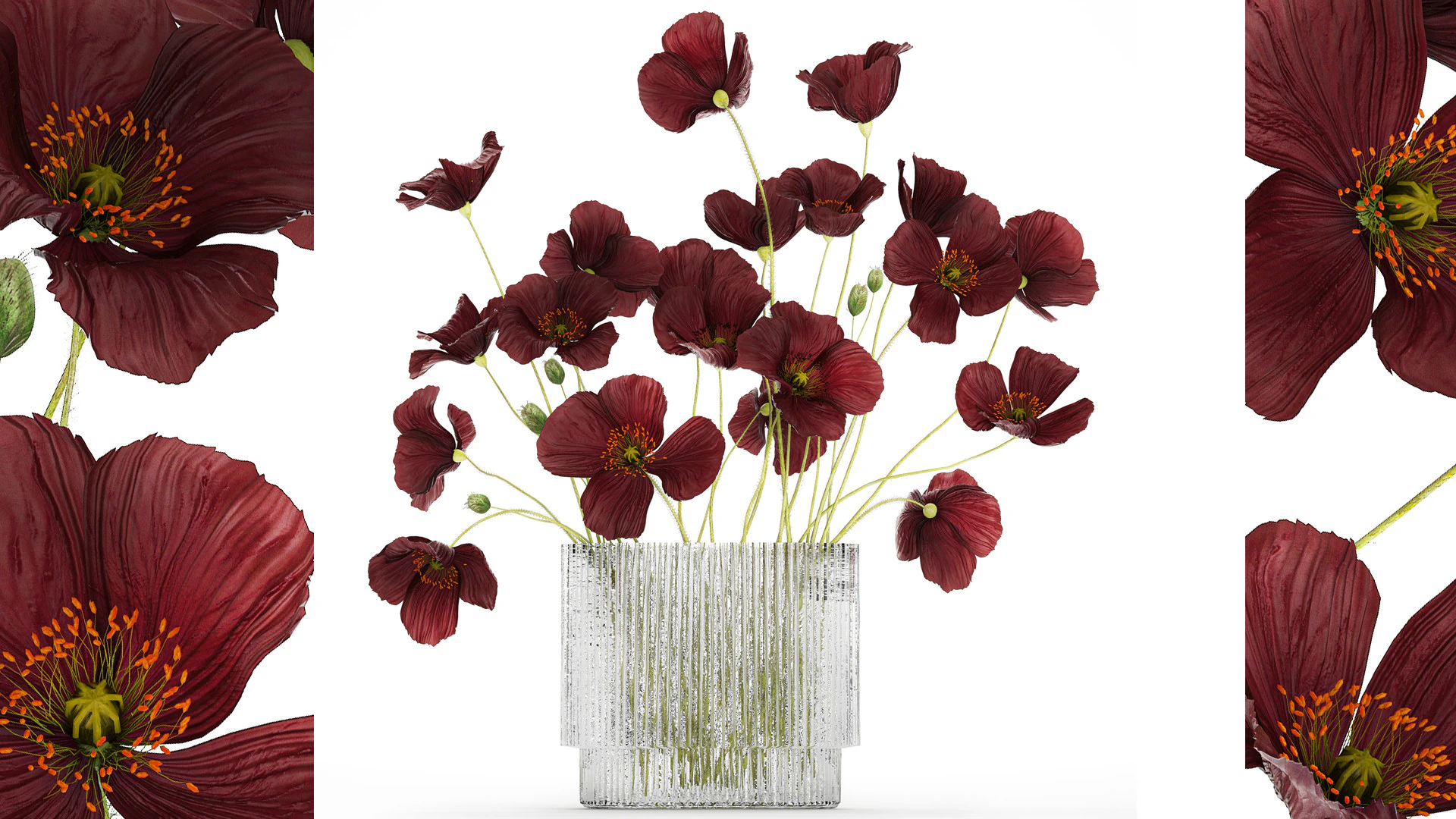 Bouquet of wild flowers in a modern glass vase with Poppy 445 3D Model .c4d .max .obj .3ds .fbx .stl .blend 
