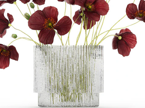 Bouquet of wild flowers in a modern glass vase with Poppy 445 3D Model