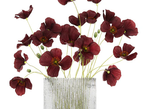 Bouquet of wild flowers in a modern glass vase with Poppy 445 3D Model