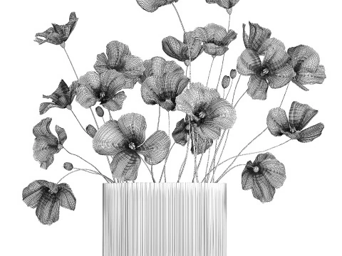 Bouquet of wild flowers in a modern glass vase with Poppy 445 3D Model