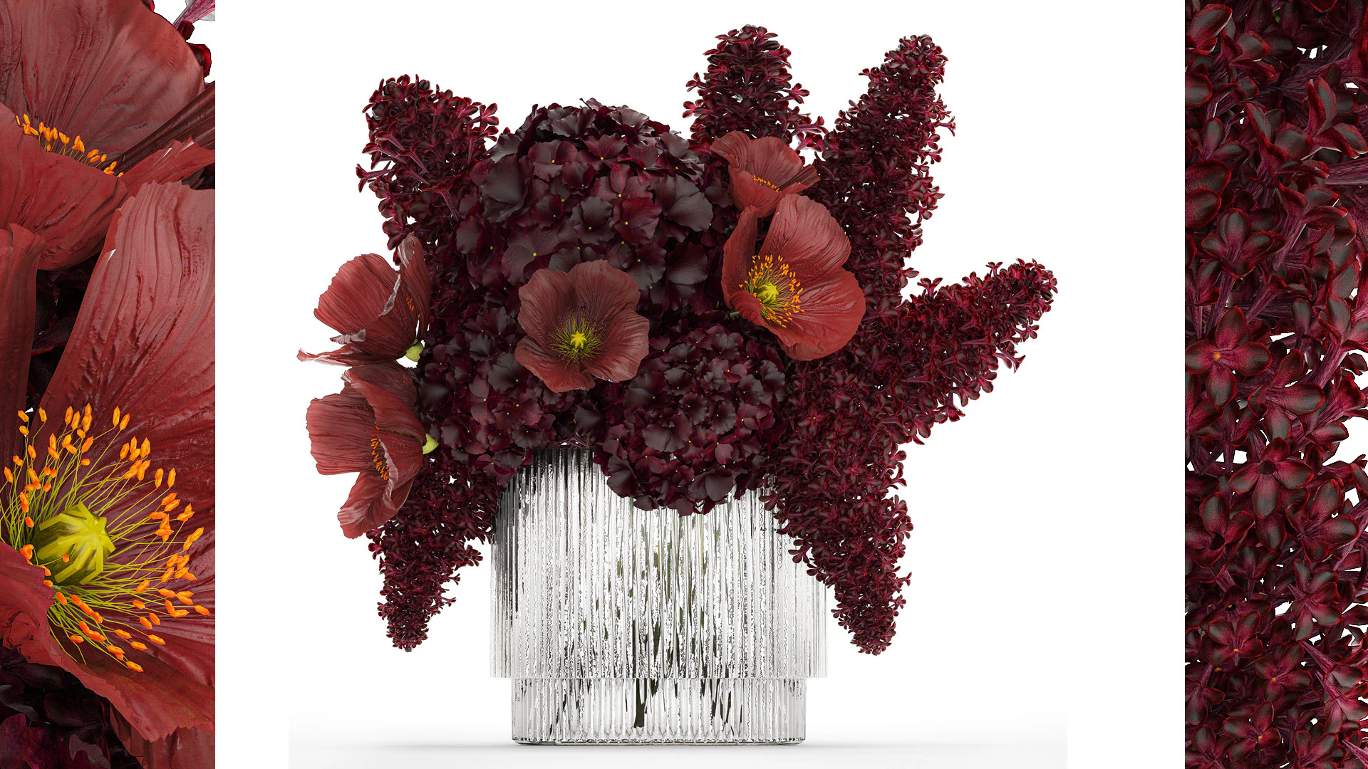 Bouquet of burgundy flowers in a vase lilac poppy hydrangea 3D Model .c4d .max .obj .3ds .fbx .stl .blend 
