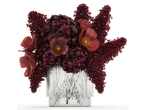 Bouquet of burgundy flowers in a vase lilac poppy hydrangea 3D Model