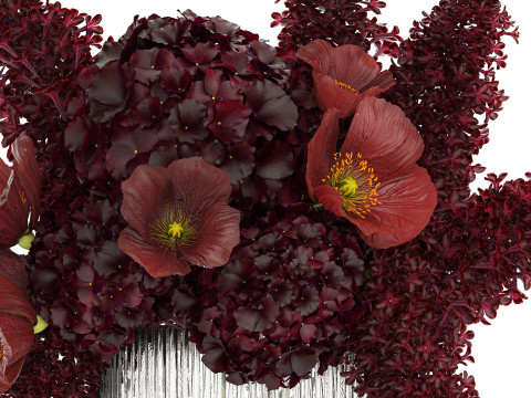 Bouquet of burgundy flowers in a vase lilac poppy hydrangea 3D Model