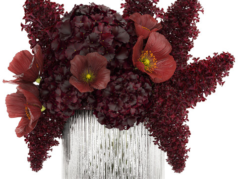 Bouquet of burgundy flowers in a vase lilac poppy hydrangea 3D Model