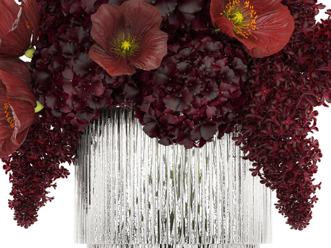 Bouquet of burgundy flowers in a vase lilac poppy hydrangea 3D Model