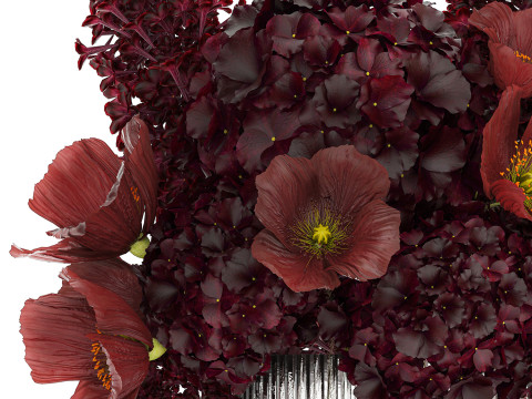Bouquet of burgundy flowers in a vase lilac poppy hydrangea 3D Model