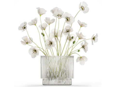 Bouquet of white wild flowers in a vase Poppy 450 3D Model