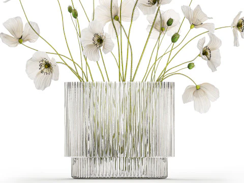 Bouquet of white wild flowers in a vase Poppy 450 3D Model