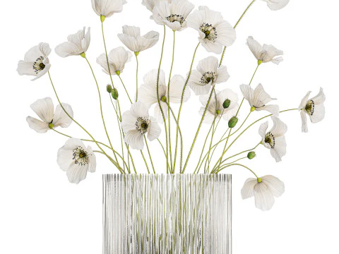 Bouquet of white wild flowers in a vase Poppy 450 3D Model