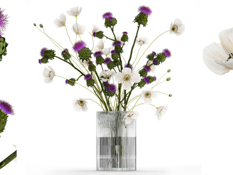 Bouquet Of White Wild Flowers in a vase Poppy Thistle 451 3D Model