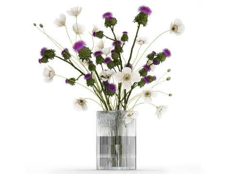 Bouquet Of White Wild Flowers in a vase Poppy Thistle 451 Modello 3D