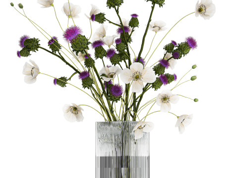 Bouquet Of White Wild Flowers in a vase Poppy Thistle 451 Modello 3D