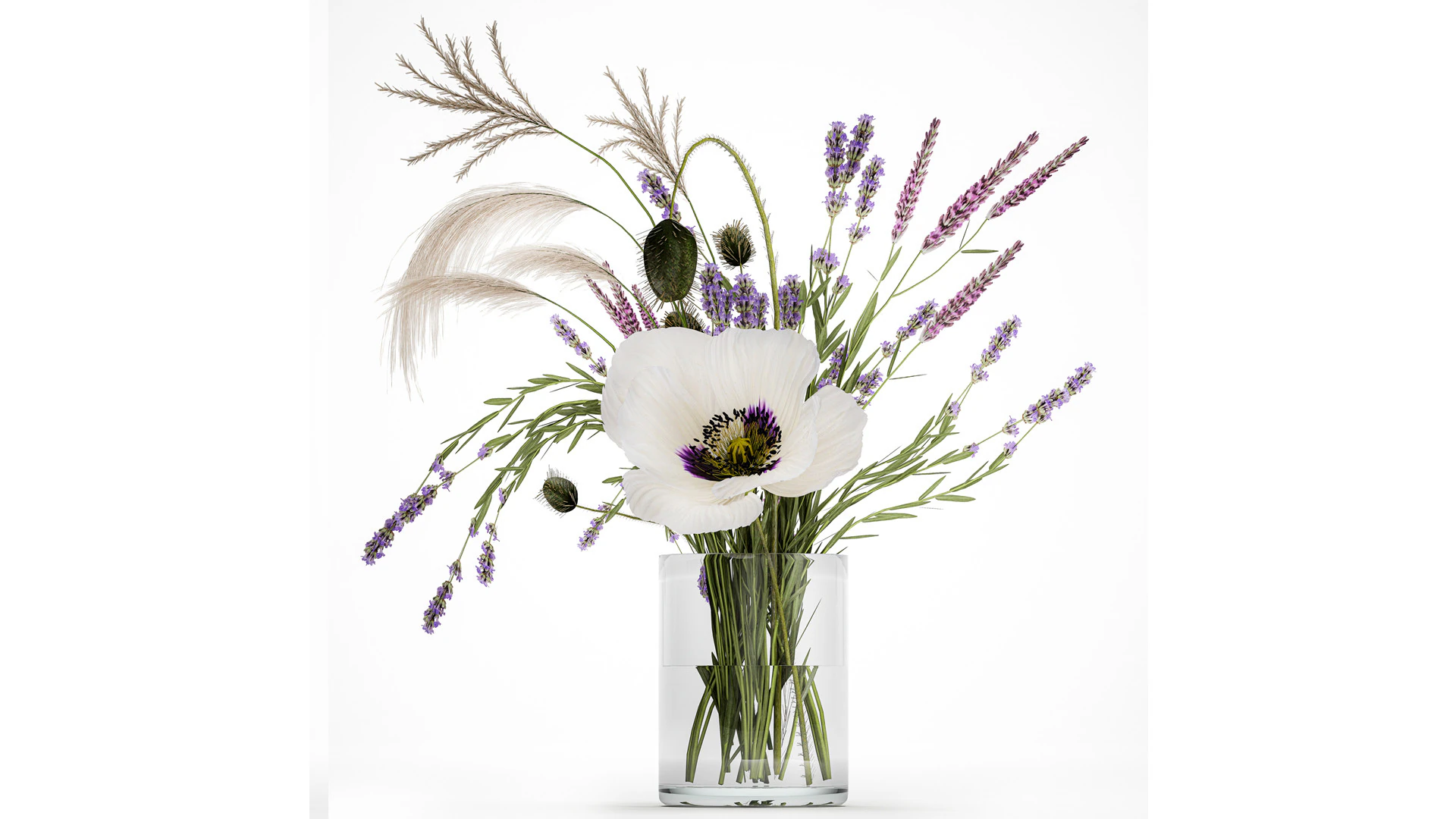 Bouquet white wild flowers poppy Lavender pampas 453 3D Model .c4d .max .obj .3ds .fbx .stl .blend 