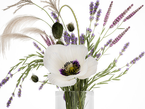 Bouquet white wild flowers poppy Lavender pampas 453 3D Model