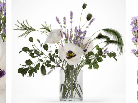 Bouquet White Wild Flowers Poppy Lavender Pampas 454 3D Model
