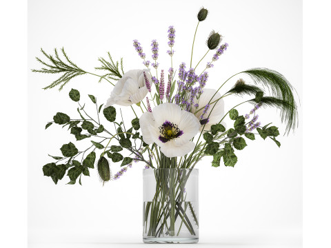 Bouquet White Wild Flowers Poppy Lavender Pampas 454 Modèle 3D