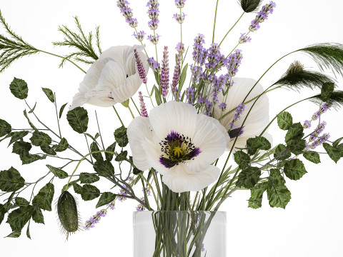 Bouquet White Wild Flowers Poppy Lavender Pampas 454 Modèle 3D