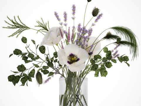 Bouquet White Wild Flowers Poppy Lavender Pampas 454 Modèle 3D