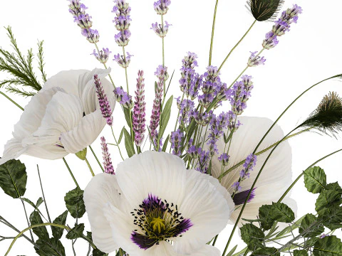 Bouquet White Wild Flowers Poppy Lavender Pampas 454 3D Model