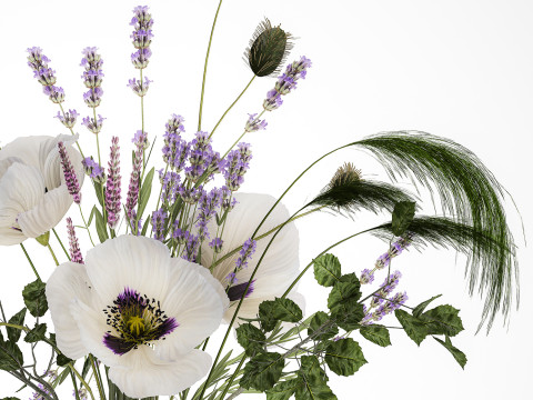 Bouquet White Wild Flowers Poppy Lavender Pampas 454 Modèle 3D