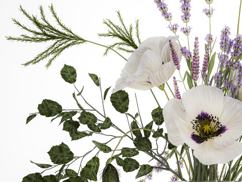 Bouquet White Wild Flowers Poppy Lavender Pampas 454 Modèle 3D